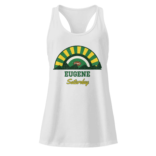 Women's Eugene Saturday Racerback Tank in Heather Gray, front view