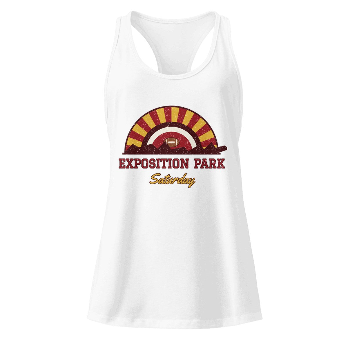 Women's Exposition Park Saturday Racerback Tank in White, front view