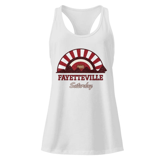 Women's Fayetteville Saturday Racerback Tank in Heather Gray, front view