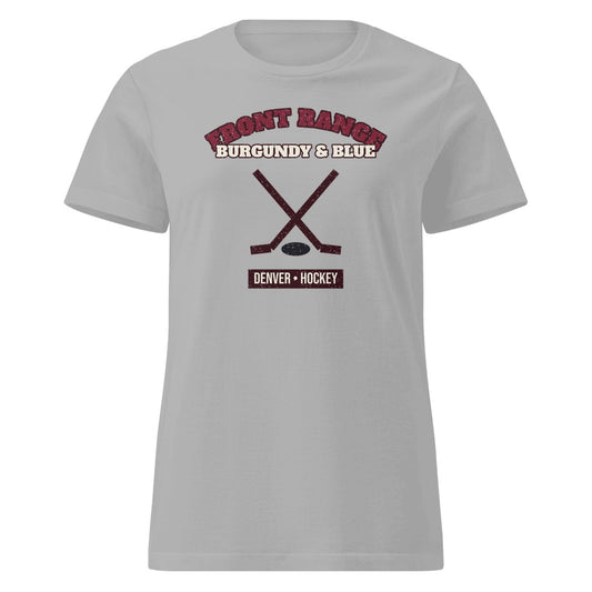 Women's Front Range Burgundy & Blue Hockey Fitted Tee in Sport Grey, front view