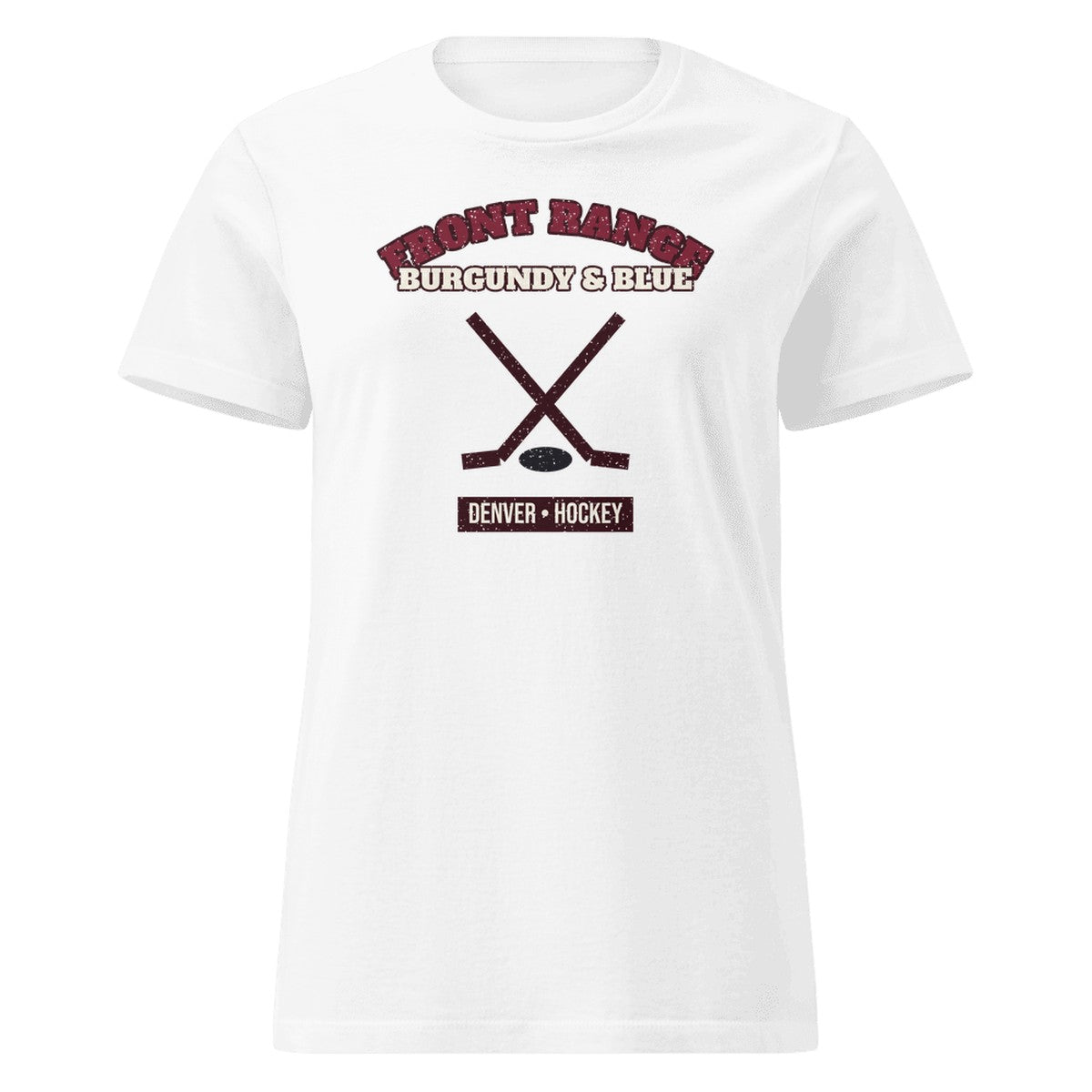 Women's Front Range Burgundy & Blue Hockey Fitted Tee in White, front view