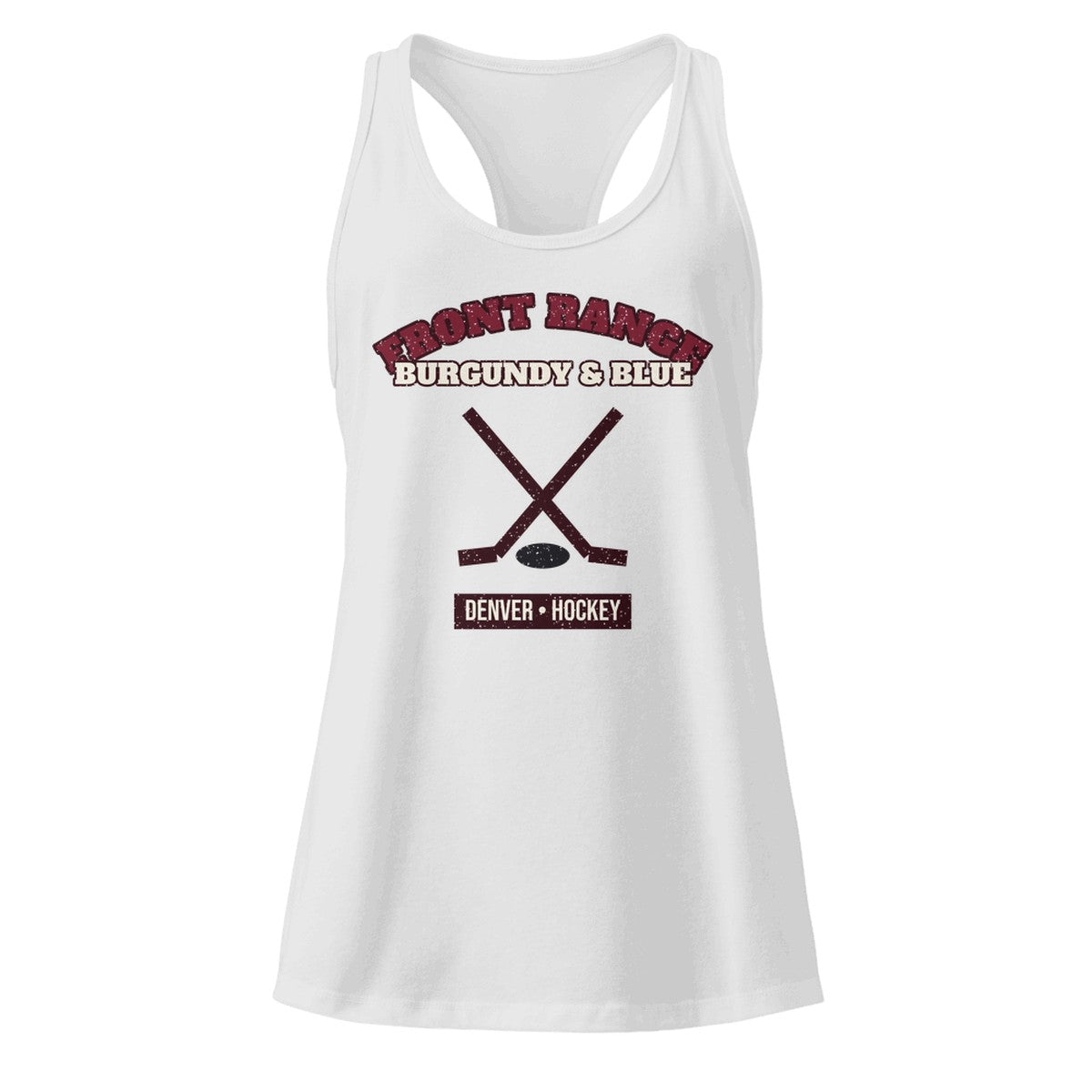Women's Front Range Burgundy & Blue Hockey Racerback Tank in Heather Gray, front view