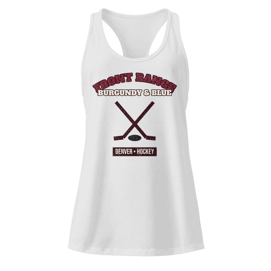 Women's Front Range Burgundy & Blue Hockey Racerback Tank in Heather Gray, front view