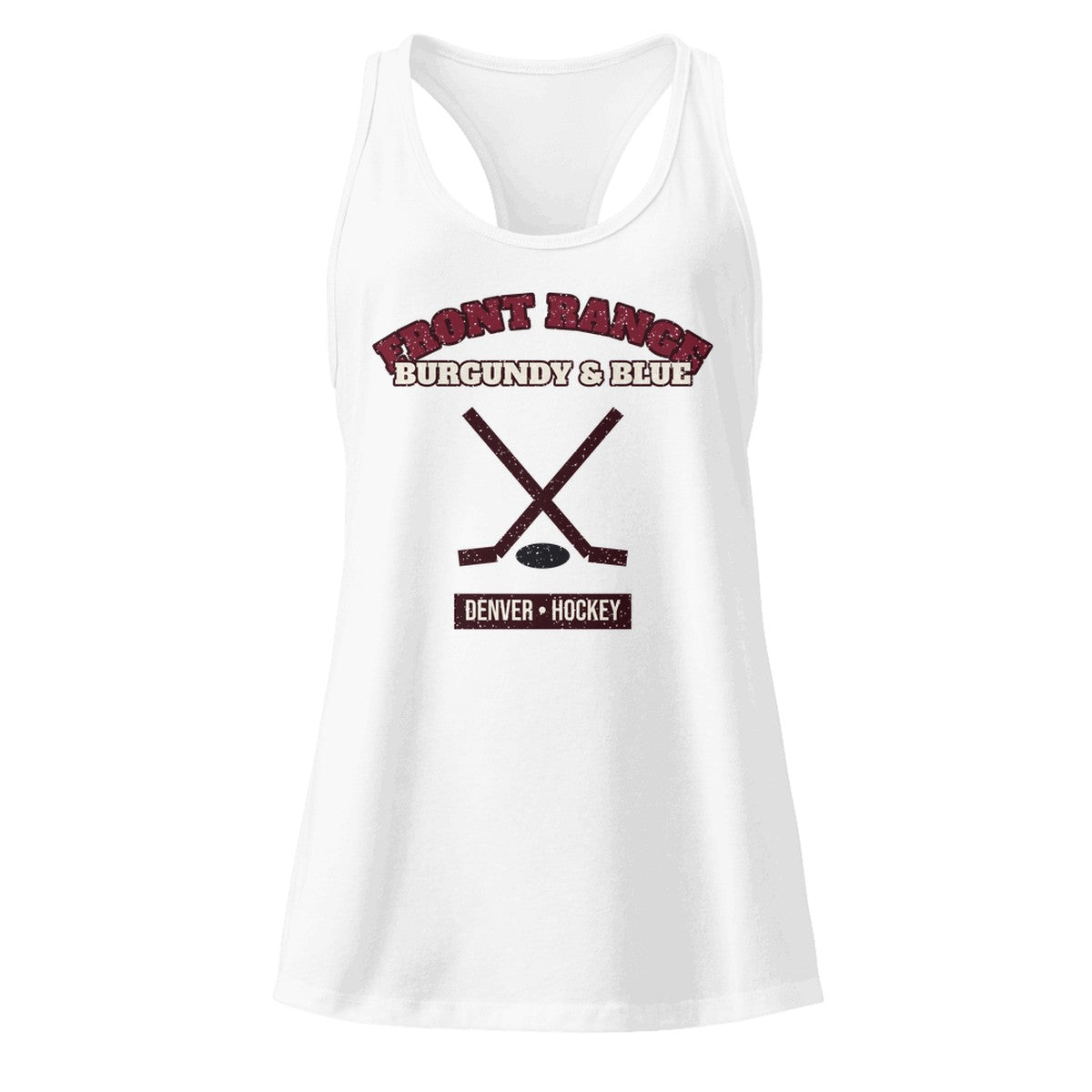 Women's Front Range Burgundy & Blue Hockey Racerback Tank in White, front view