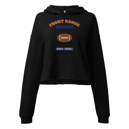 Women's Front Range Orange Football Cropped Hoodie in Black, front view