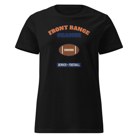 Women's Front Range Orange Football Fitted Tee in Black, front view