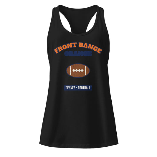 Women's Front Range Orange Football Racerback Tank in Black, front view