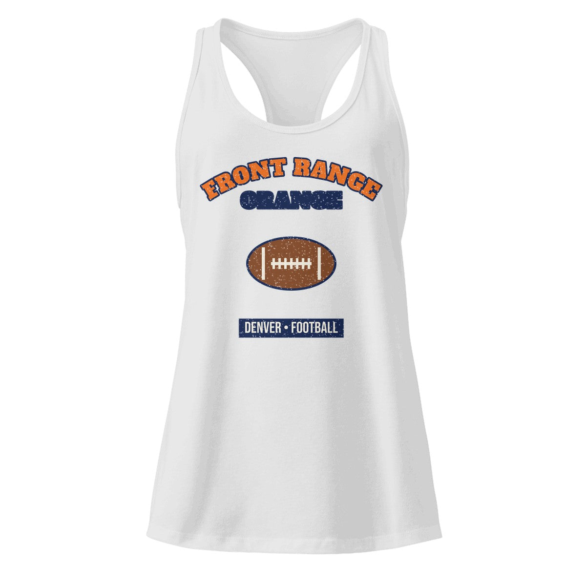Women's Front Range Orange Football Racerback Tank in Heather Gray, front view