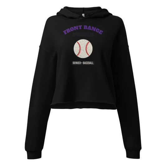 Women's Front Range Purple Baseball Cropped Hoodie in Black, front view