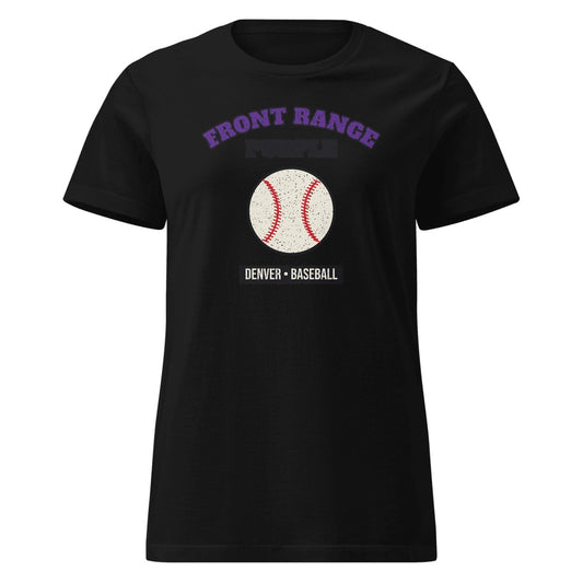 Women's Front Range Purple Baseball Fitted Tee in Black, front view