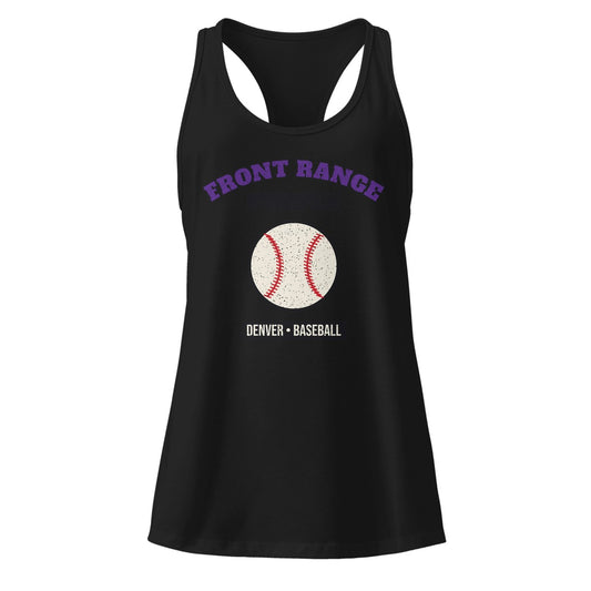 Women's Front Range Purple Baseball Racerback Tank in Black, front view