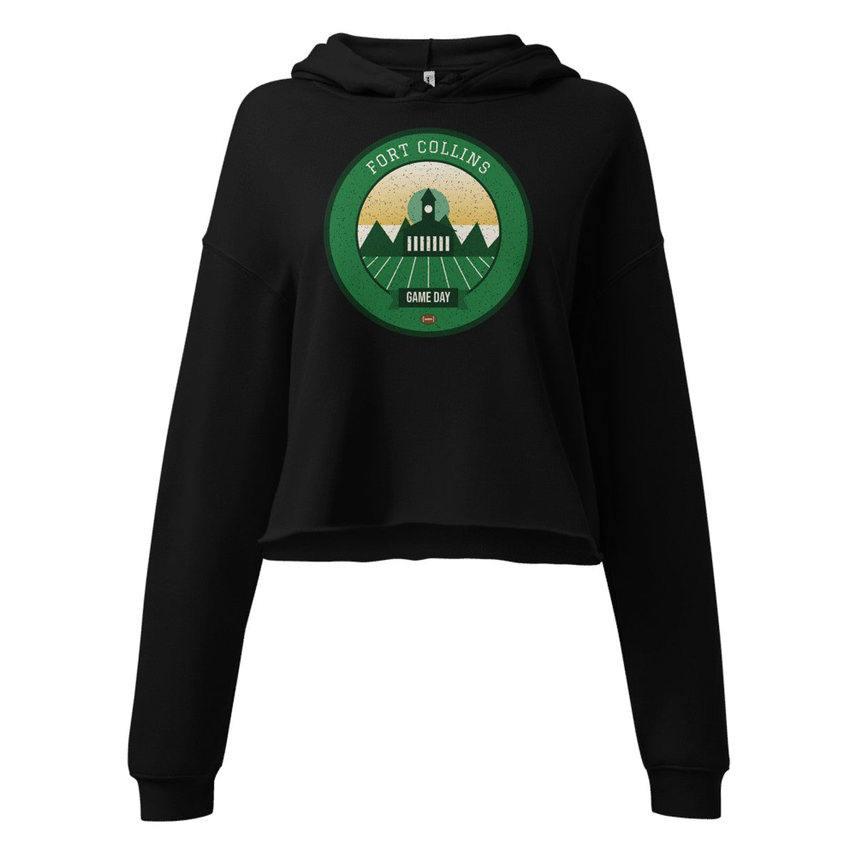 Women's Green & Gold Foothills Game Day Cropped Hoodie in Black, front view