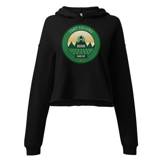 Women's Green & Gold Foothills Game Day Cropped Hoodie in Black, front view
