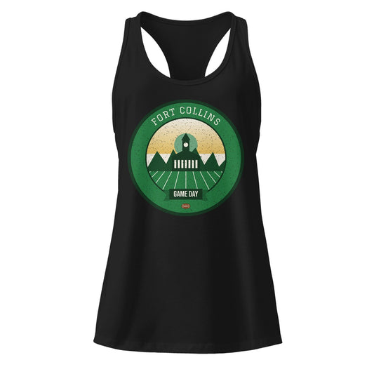 Women's Green & Gold Foothills Game Day Racerback Tank in Black, front view
