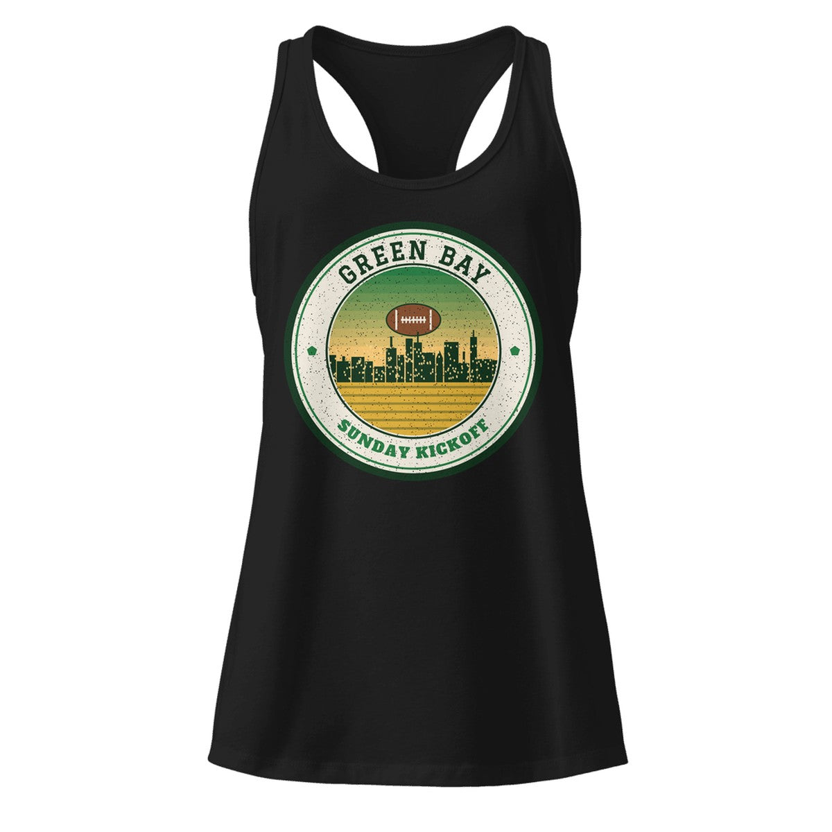 Women's Green Bay Sunday Kickoff Racerback Tank in Black, front view
