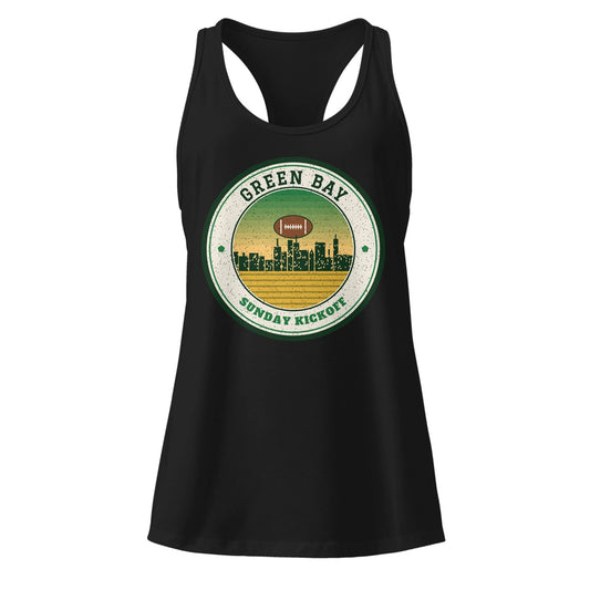 Women's Green Bay Sunday Kickoff Racerback Tank in Black, front view