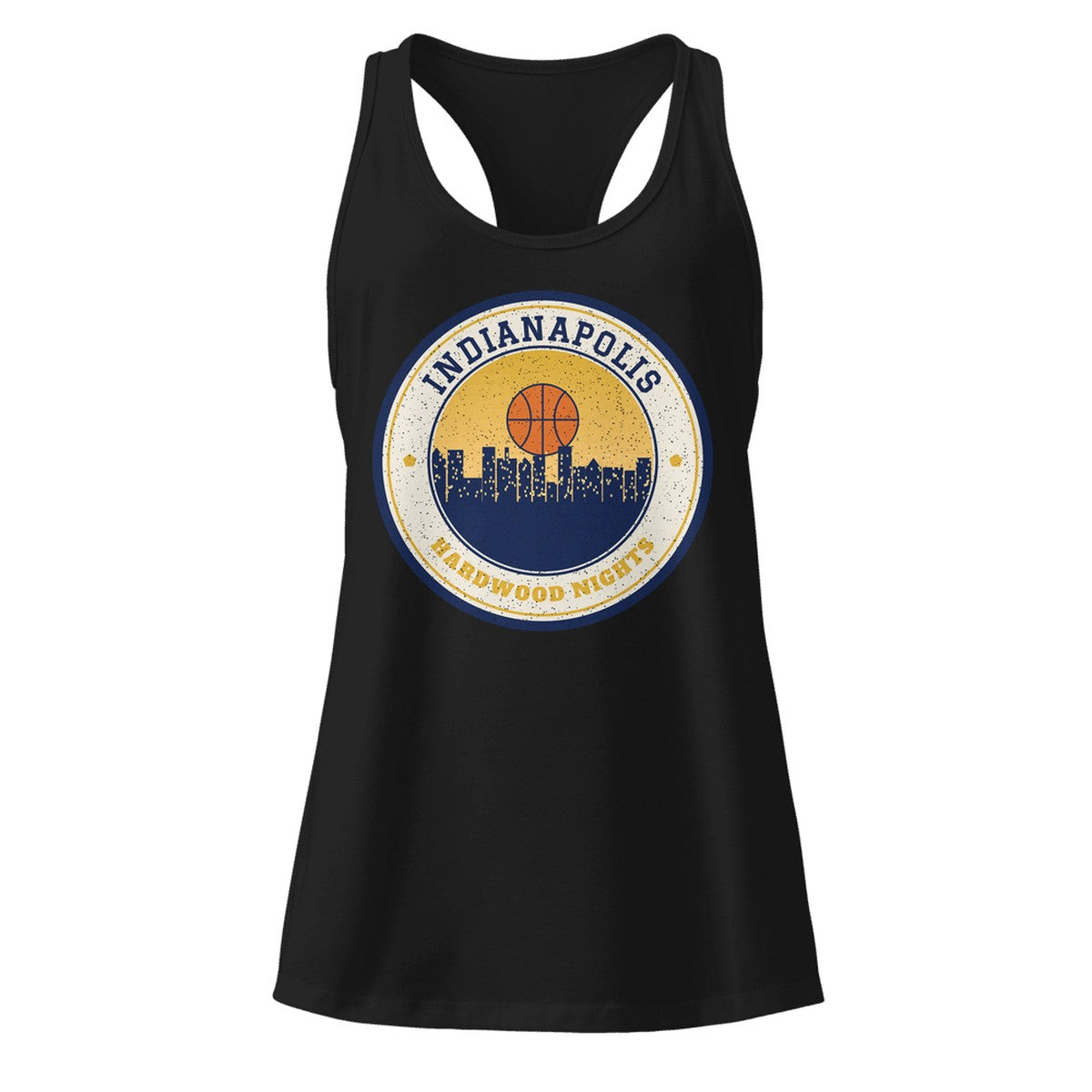 Women's Indianapolis Hardwood Nights Racerback Tank in Black, front view