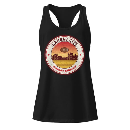 Women's Kansas City Sunday Kickoff Racerback Tank in Black, front view