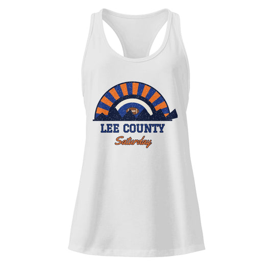 Women's Lee County Saturday Racerback Tank in Heather Gray, front view
