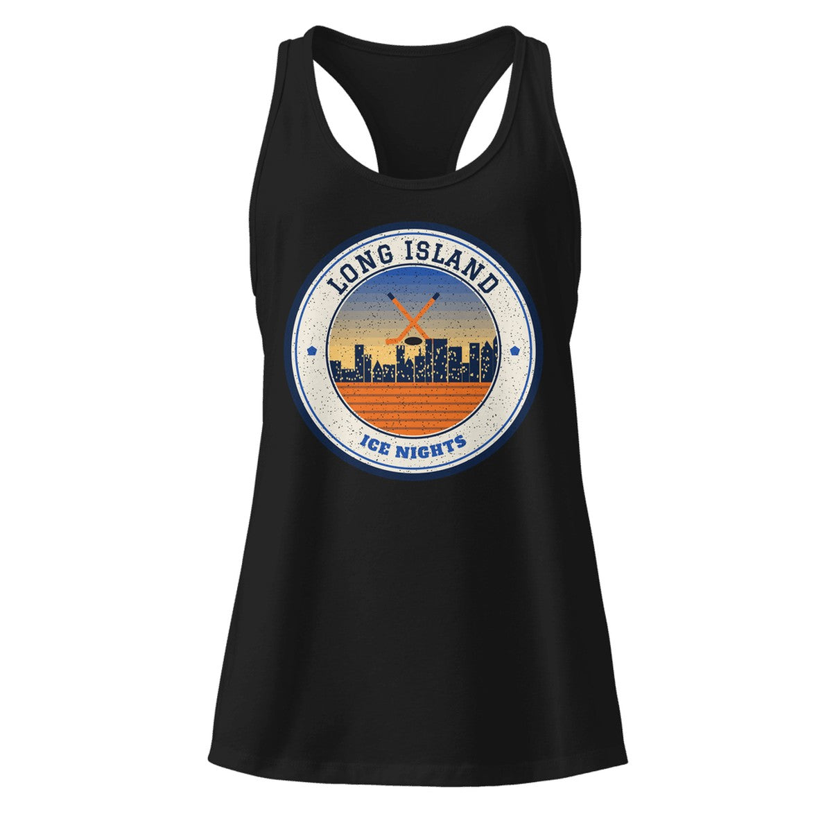 Women's Long Island Ice Nights Racerback Tank in Black, front view