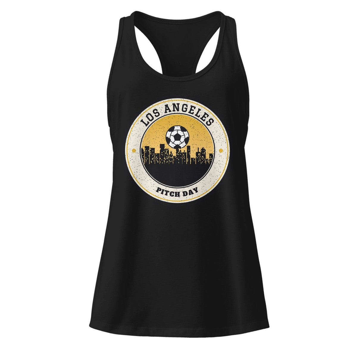 Women's Los Angeles Downtown Pitch Day Racerback Tank in Black, front view