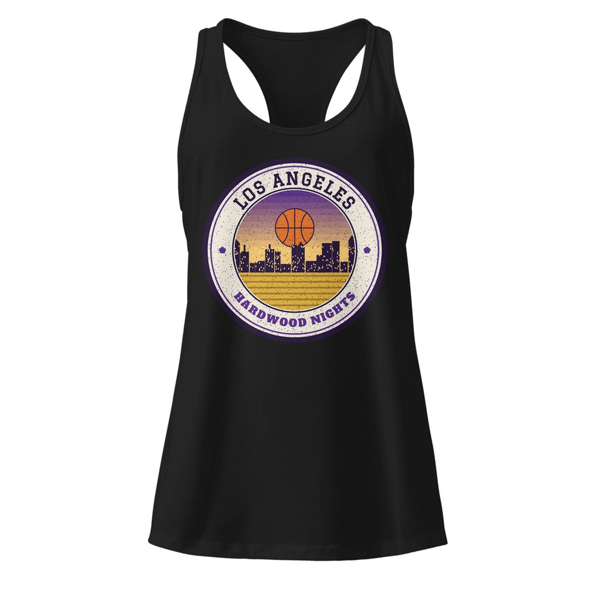 Women's Los Angeles Hardwood Nights Racerback Tank in Black, front view