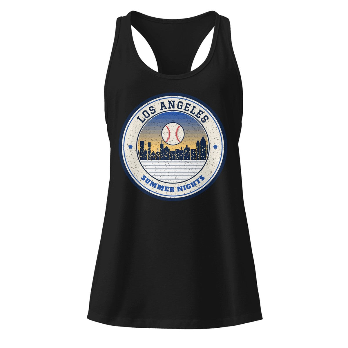 Women's Los Angeles Summer Nights Ballpark Racerback Tank in Black, front view