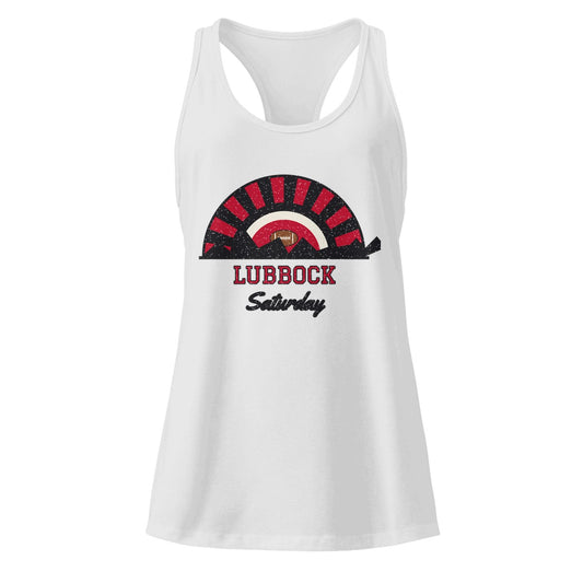 Women's Lubbock Saturday Racerback Tank in Heather Gray, front view