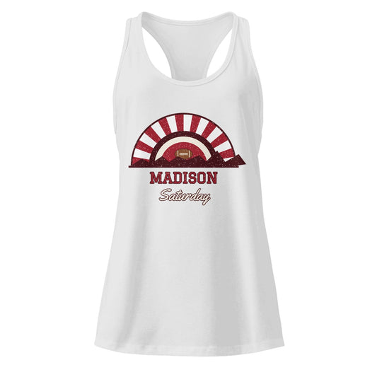 Women's Madison Saturday Racerback Tank in Heather Gray, front view