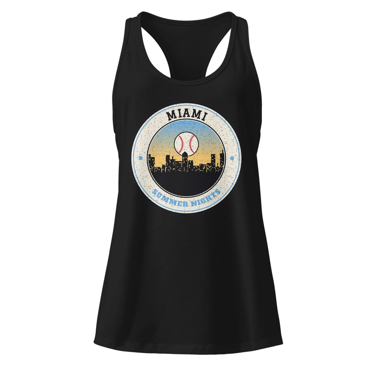 Women's Miami Summer Nights Ballpark Racerback Tank in Black, front view