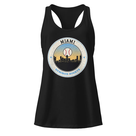 Women's Miami Summer Nights Ballpark Racerback Tank in Black, front view