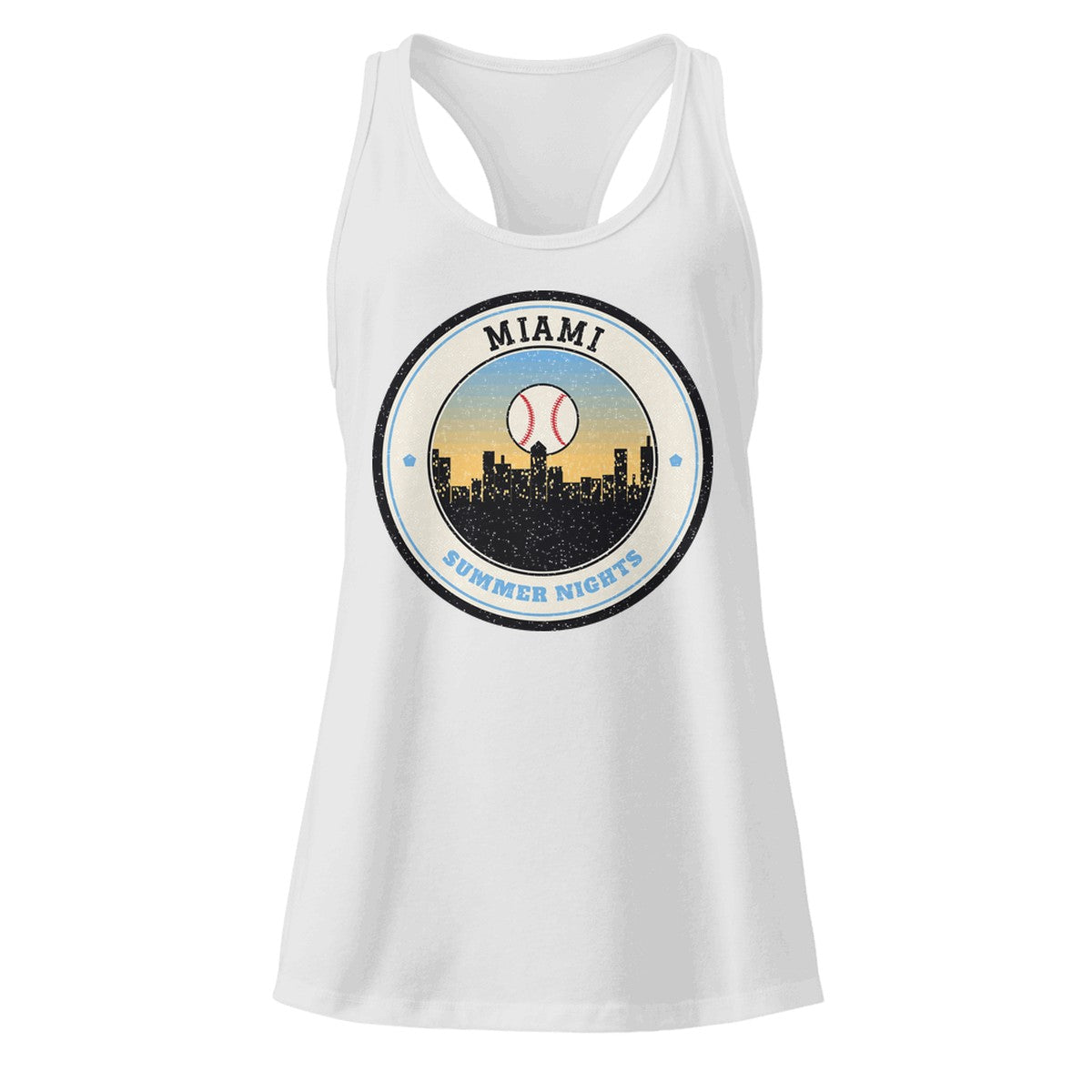 Women's Miami Summer Nights Ballpark Racerback Tank in Heather Gray, front view
