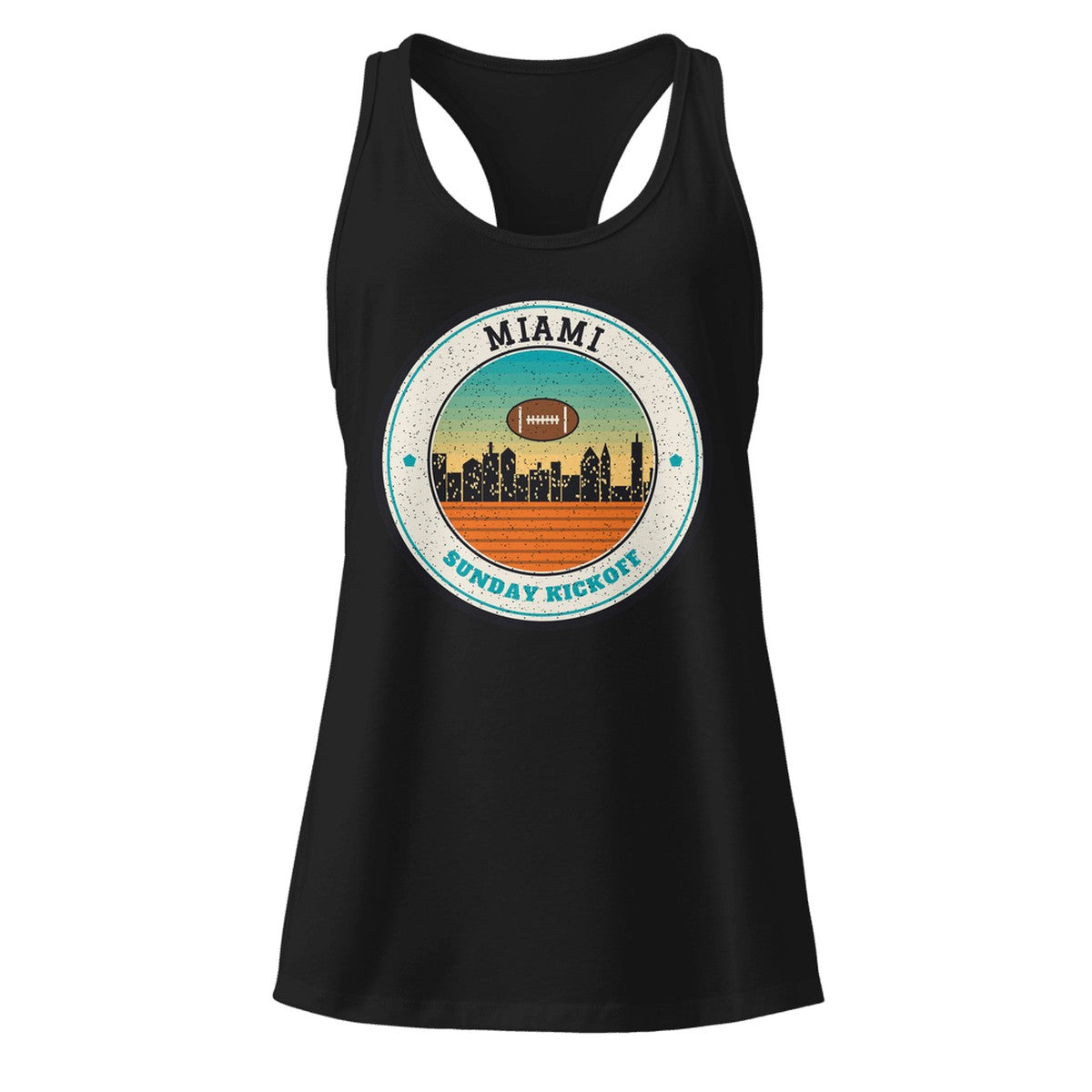Women's Miami Sunday Kickoff Racerback Tank in Black, front view