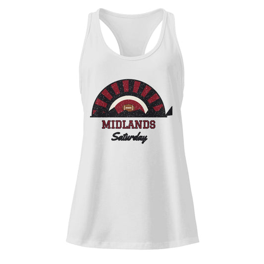 Women's Midlands Saturday Racerback Tank in Heather Gray, front view