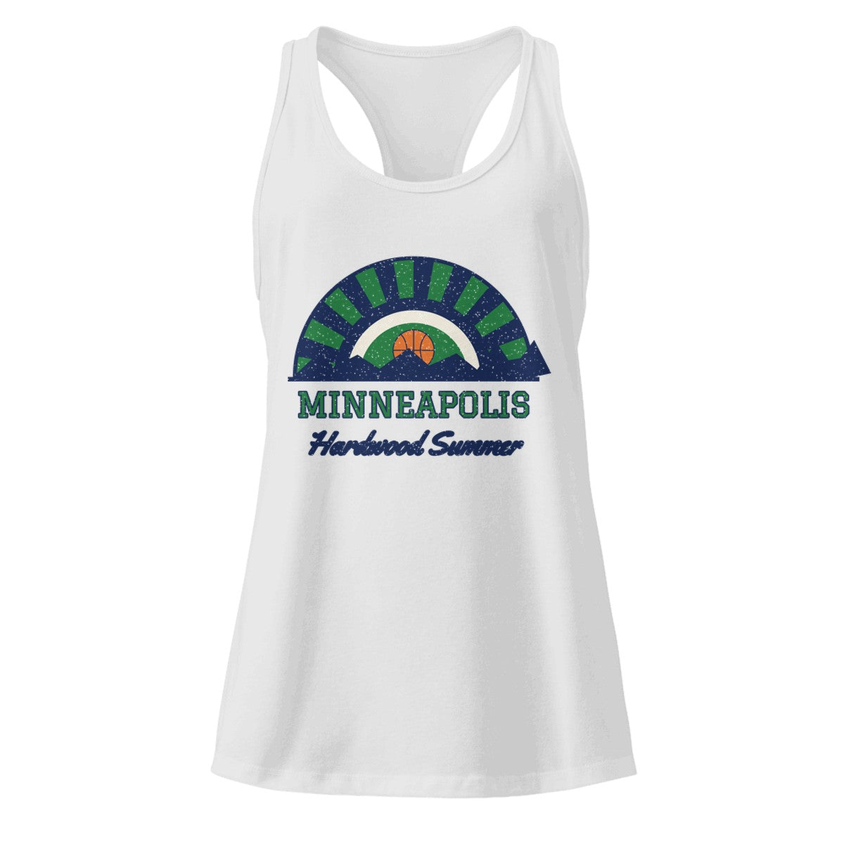 Women's Minneapolis Hardwood Summer Racerback Tank in Heather Gray, front view