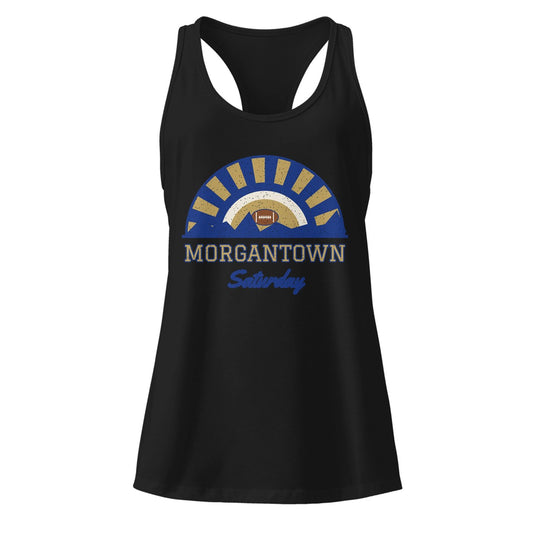 Women's Morgantown Saturday Racerback Tank in Black, front view
