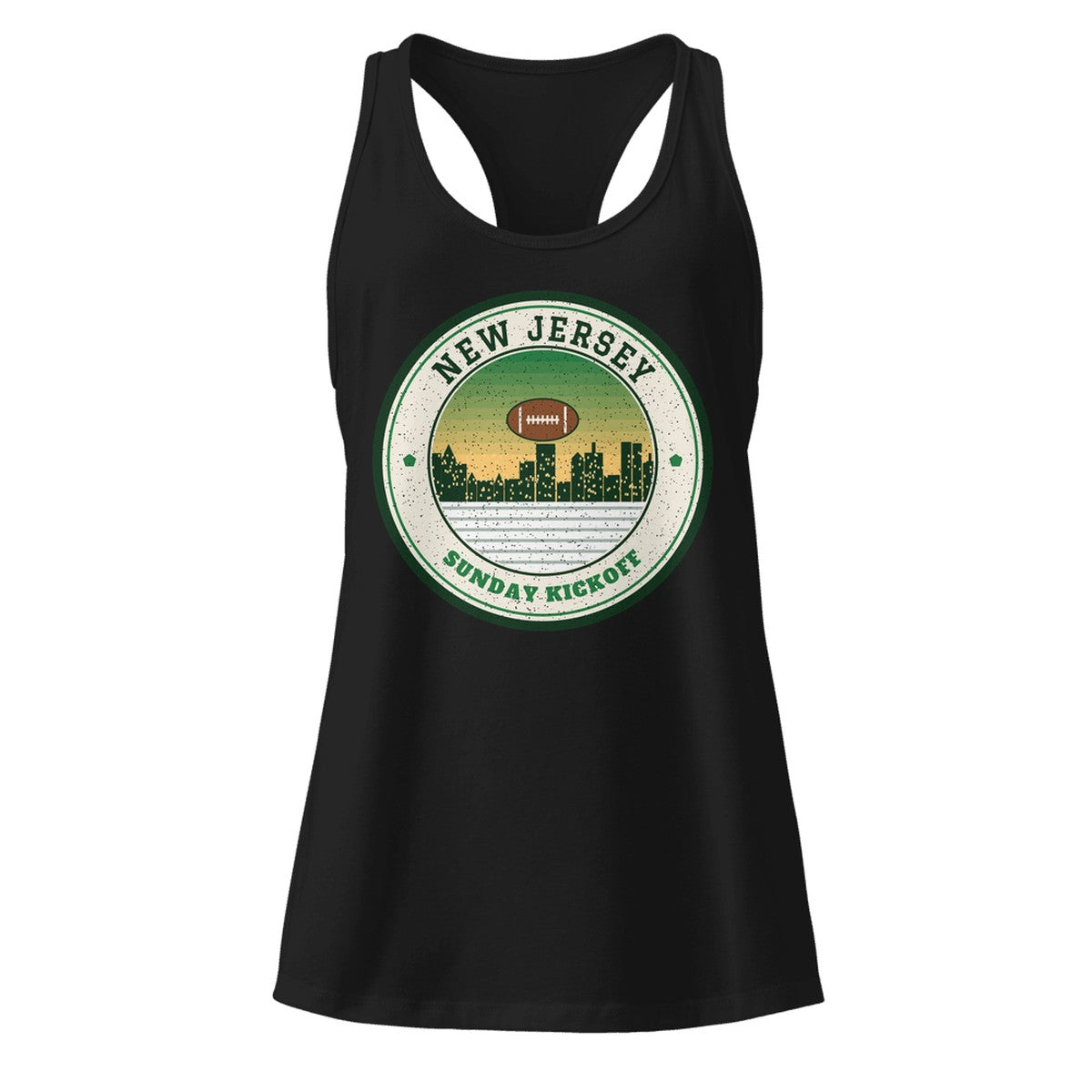 Women's New Jersey Sunday Kickoff Racerback Tank in Black, front view