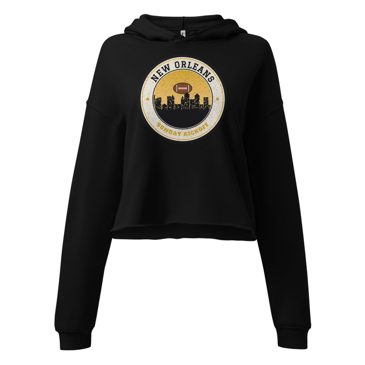 Women's New Orleans Sunday Kickoff Cropped Hoodie in Black, front view