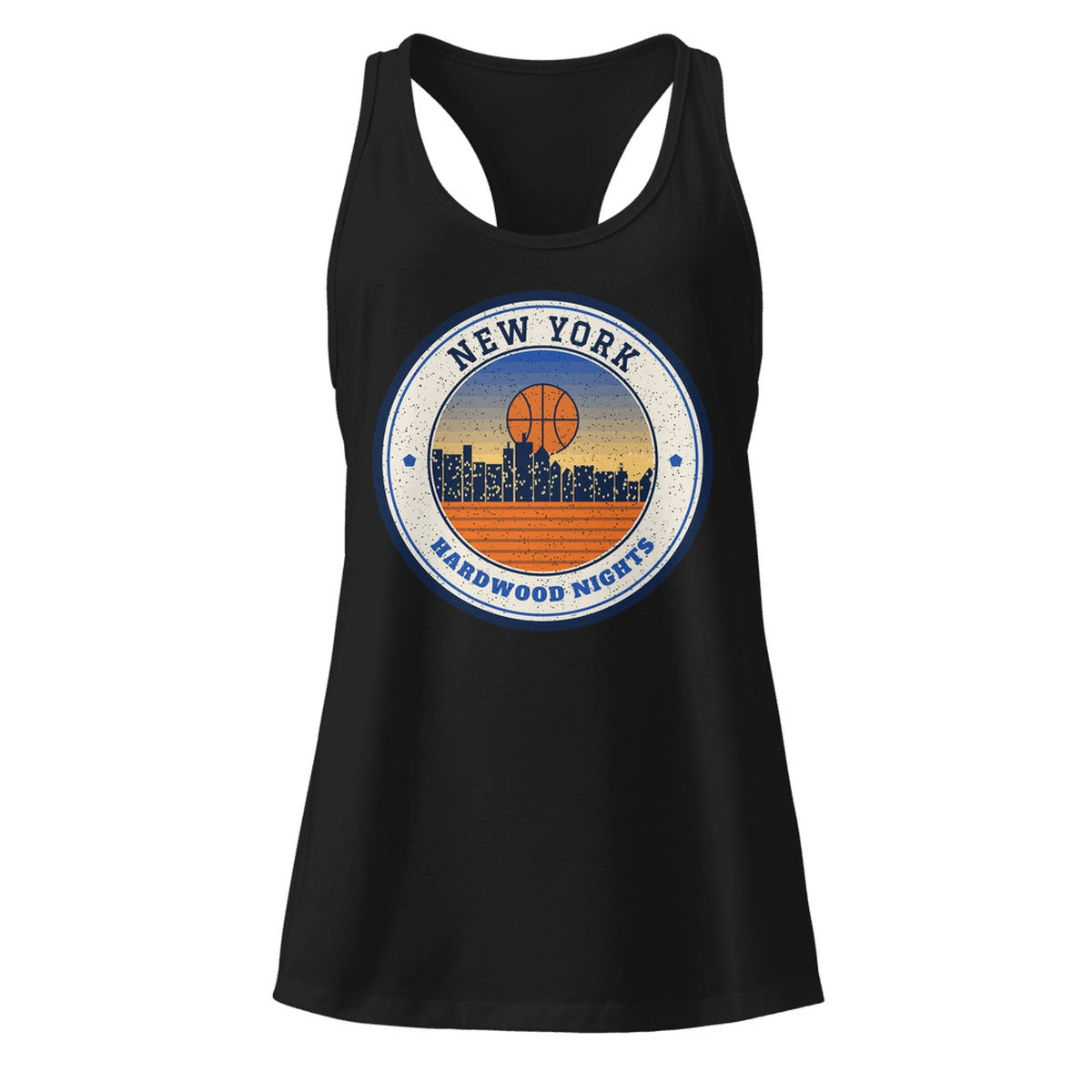 Women's New York Hardwood Nights Racerback Tank in Black, front view