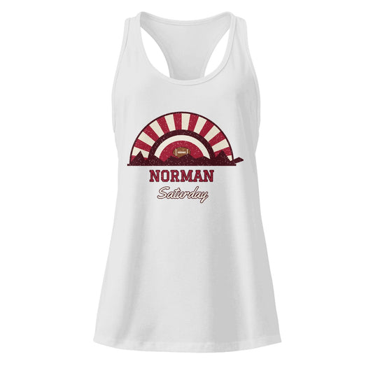 Women's Norman Saturday Racerback Tank in Heather Gray, front view