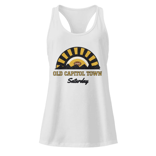 Women's Old Capitol Town Saturday Racerback Tank in Heather Gray, front view