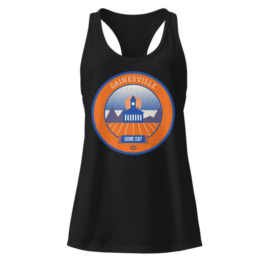 Women's Orange & Blue Marsh Game Day Racerback Tank in Black, front view