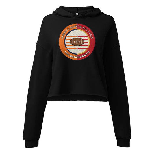 Women's Orange and Navy vs Red and Gold I-70 Bragging Rights Football Cropped Hoodie in Black, front view
