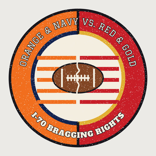 Orange and Navy vs Red and Gold I-70 Bragging Rights Football Hoodie graphic