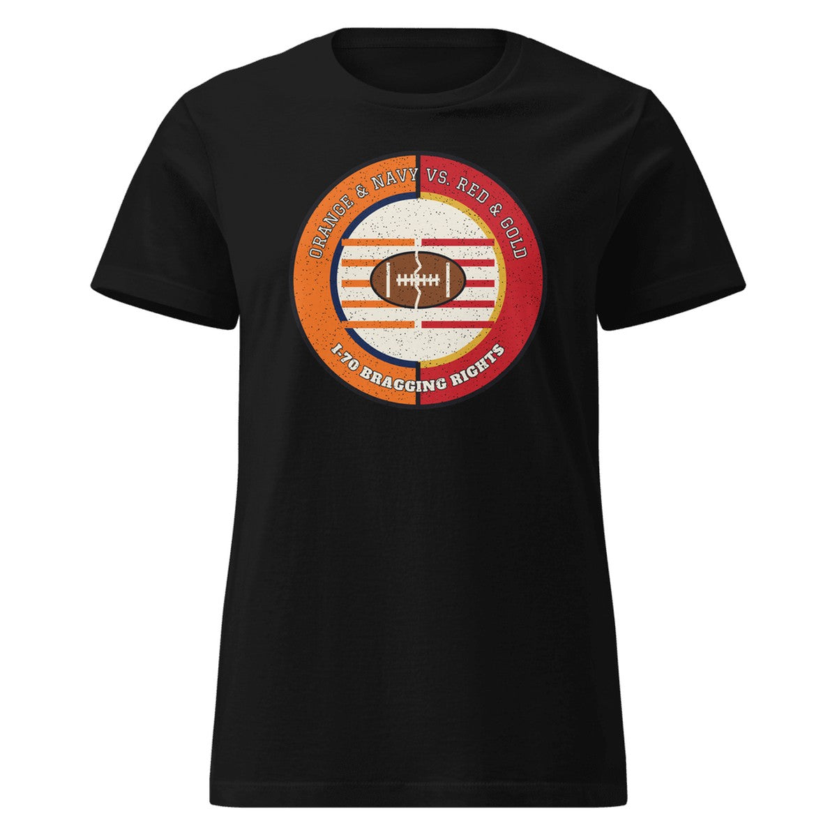 Women's Orange and Navy vs Red and Gold I-70 Bragging Rights Football Fitted Tee in Black, front view