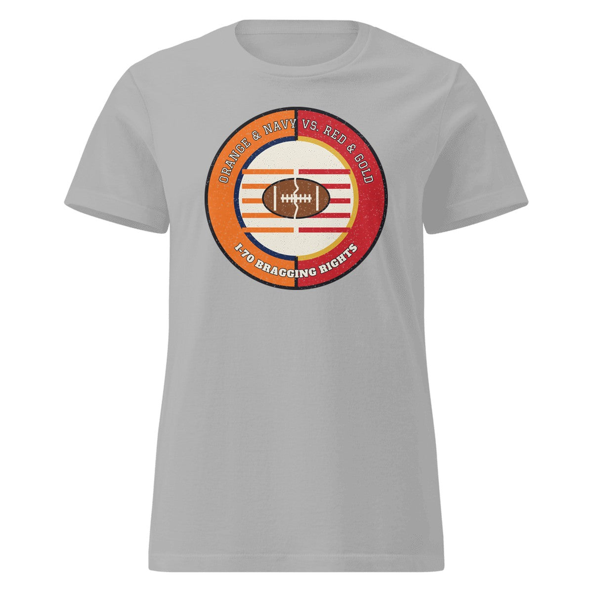 Women's Orange and Navy vs Red and Gold I-70 Bragging Rights Football Fitted Tee in Sport Grey, front view