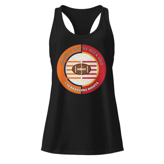 Women's Orange and Navy vs Red and Gold I-70 Bragging Rights Football Racerback Tank in Black, front view