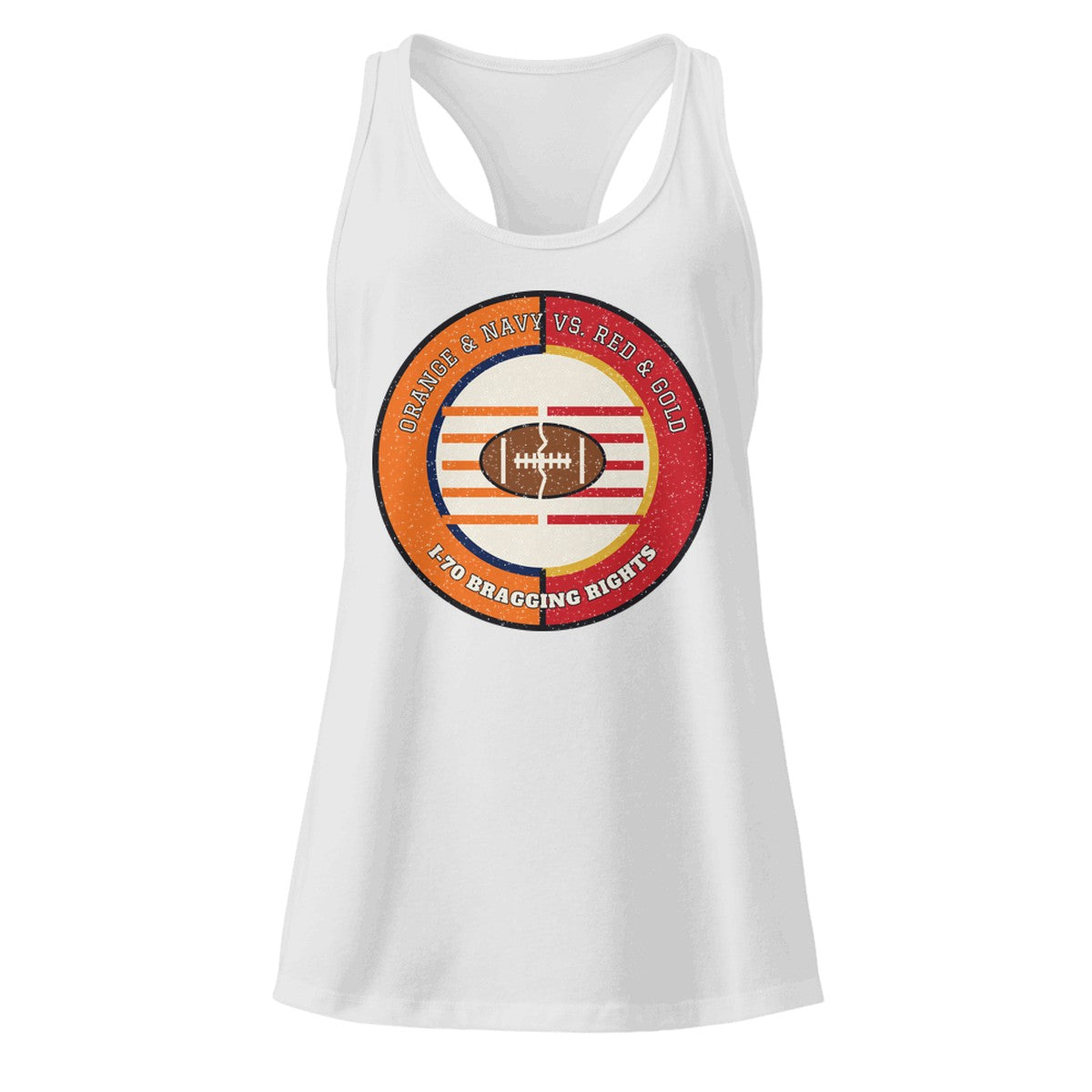 Women's Orange and Navy vs Red and Gold I-70 Bragging Rights Football Racerback Tank in Heather Gray, front view