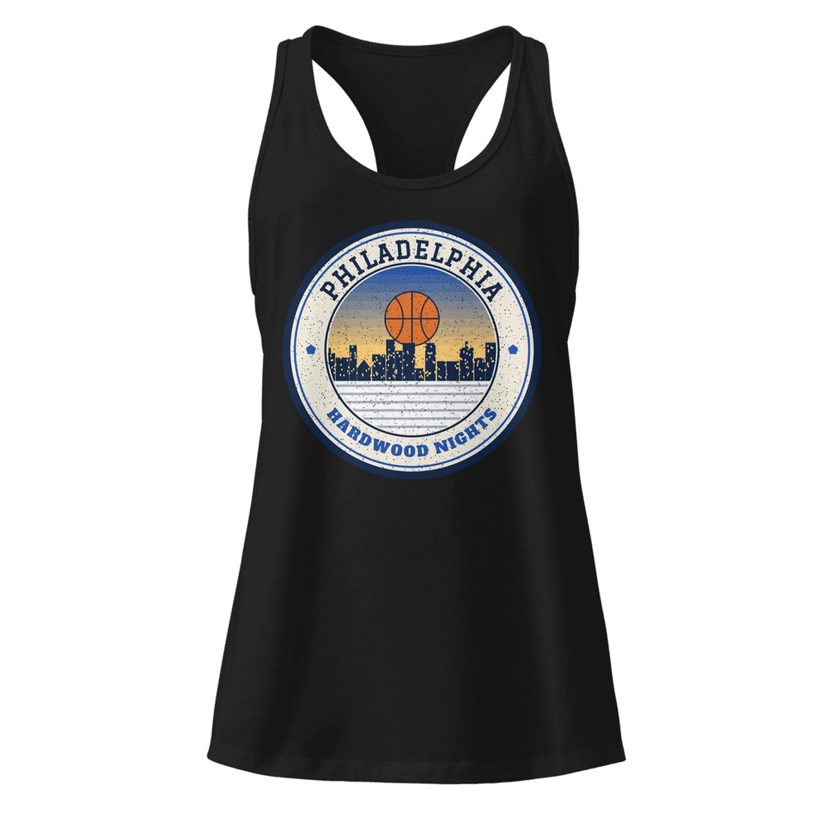 Women's Philadelphia Hardwood Nights Racerback Tank in Black, front view