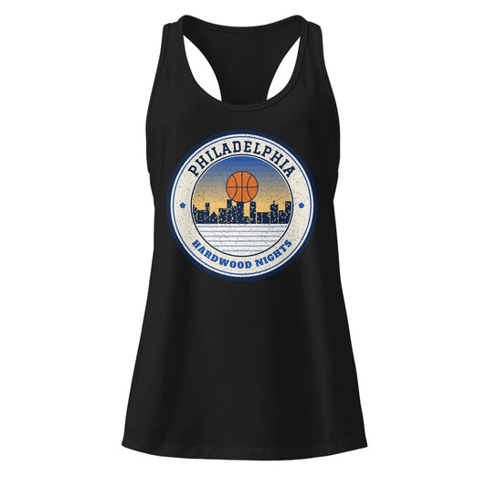 Women's Philadelphia Hardwood Nights Racerback Tank in Black, front view